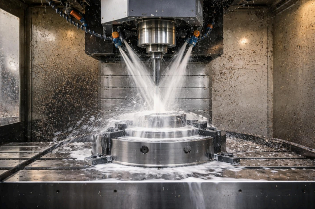 CNC Haas Mill in operation with coolant spray